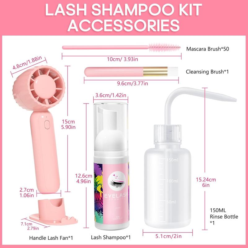 Lash Cleaning Kit-Eyelash Extension Cleanser for Extensions 60ML Lash Shampoo  with Rechargeable Handheld Lash Fan Dryer Mascara Makeup Makeup Remover