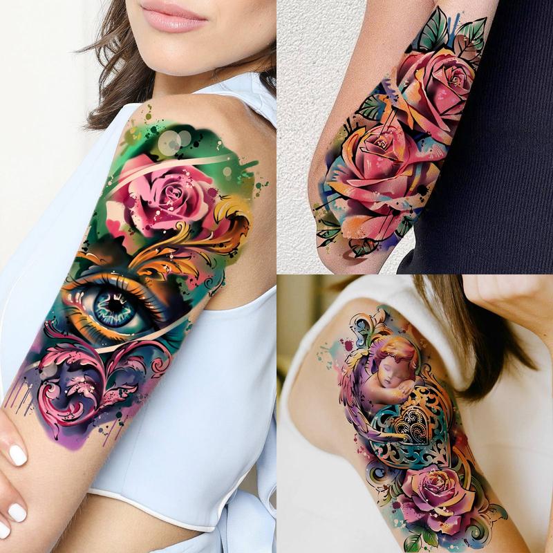 Flower & Animal Pattern Temporary Tattoos, Large Full Arm Fake Tattoo Sticker, Body Art Decoration for Women & Men