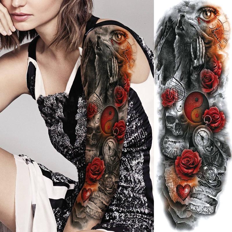 Flower & Animal Pattern Temporary Tattoos, Large Full Arm Fake Tattoo Sticker, Body Art Decoration for Women & Men