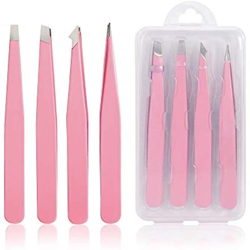 Professional Eyebrow Tweezers Set, 4pcs Portable Eyebrow Tweezers with Storage Box, Facial Hair Removal Tools