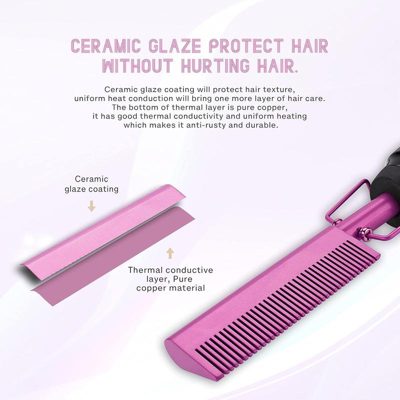 Hot Comb  Straightener Electric Heating Pressing Comb Ceramic Flat Iron Curler Portable  Straightener Brush for  Black  Anti-Scald Beard Wigs Straightening Comb