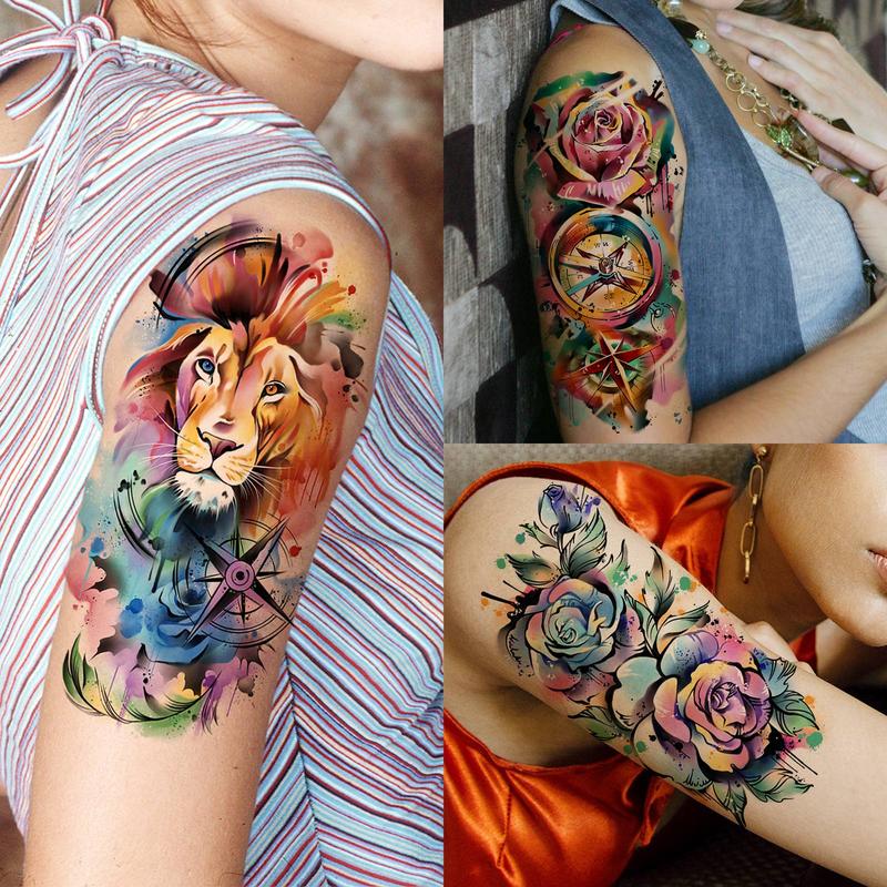 Flower & Animal Pattern Temporary Tattoos, Large Full Arm Fake Tattoo Sticker, Body Art Decoration for Women & Men