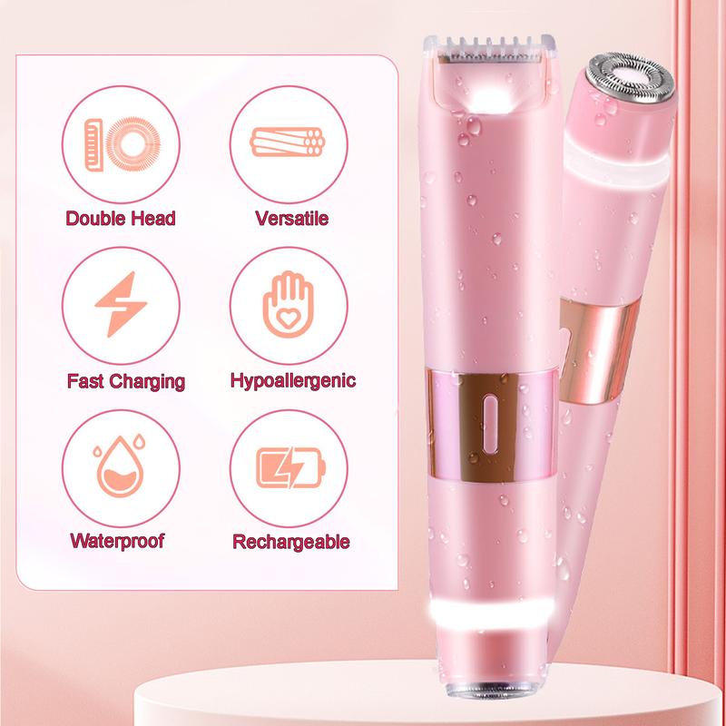 Bikini Trimmer for Women, Dual Head Electric Razor for Womens, Rechargeable Electric Shaver for Legs Arms Pubic Body Hair Trimmer (Pink) bikini trimmer Rechargeable Electric electric shaver electric lady