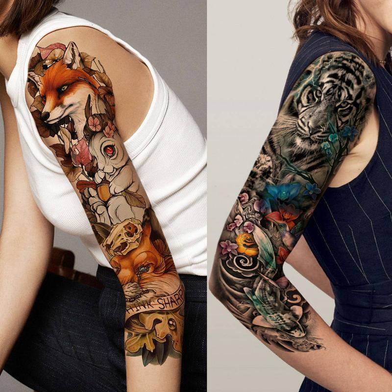 Flower & Animal Pattern Temporary Tattoos, Large Full Arm Fake Tattoo Sticker, Body Art Decoration for Women & Men