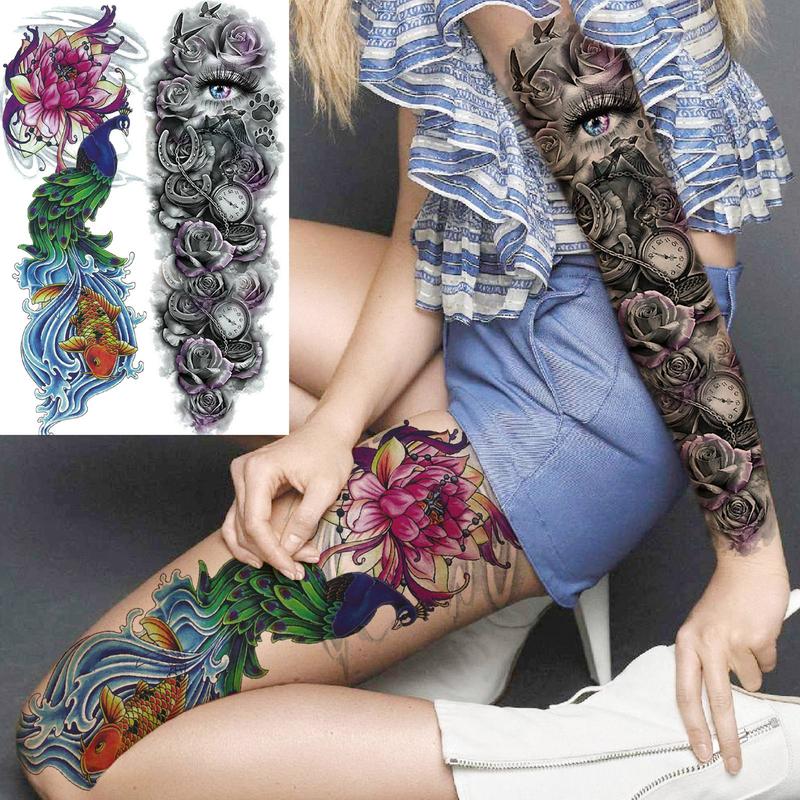 Flower & Animal Pattern Temporary Tattoos, Large Full Arm Fake Tattoo Sticker, Body Art Decoration for Women & Men