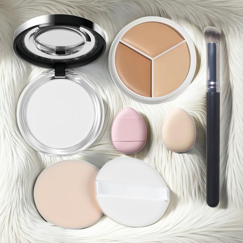 Professional Makeup Sets, 3 Color Concealer Palette & Makeup Setting Powder & Makeup Brush & Round Makeup Puff & Finger Tip Puff, Makeup Gift