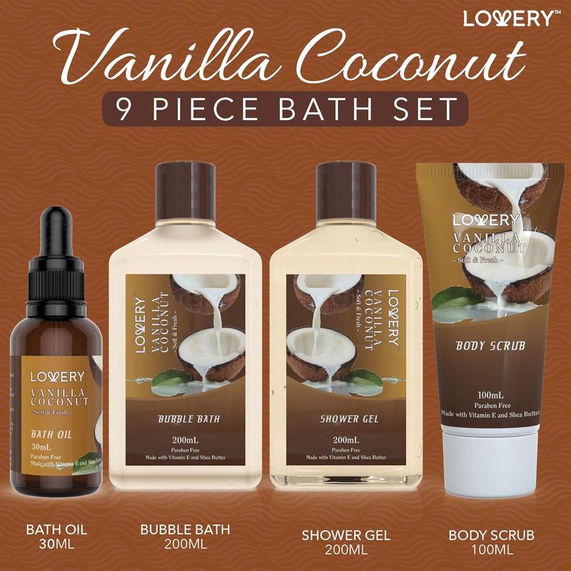 Bath and Body Gift Basket For Women and Men – 9 Piece Set of Vanilla Coconut Home Spa Set, Includes Fragrant Lotions, Extra Large Bath Bombs, Coconut Oil, Luxurious Bath Towel & More Body Care Comfort Cosmetics Skin Repair