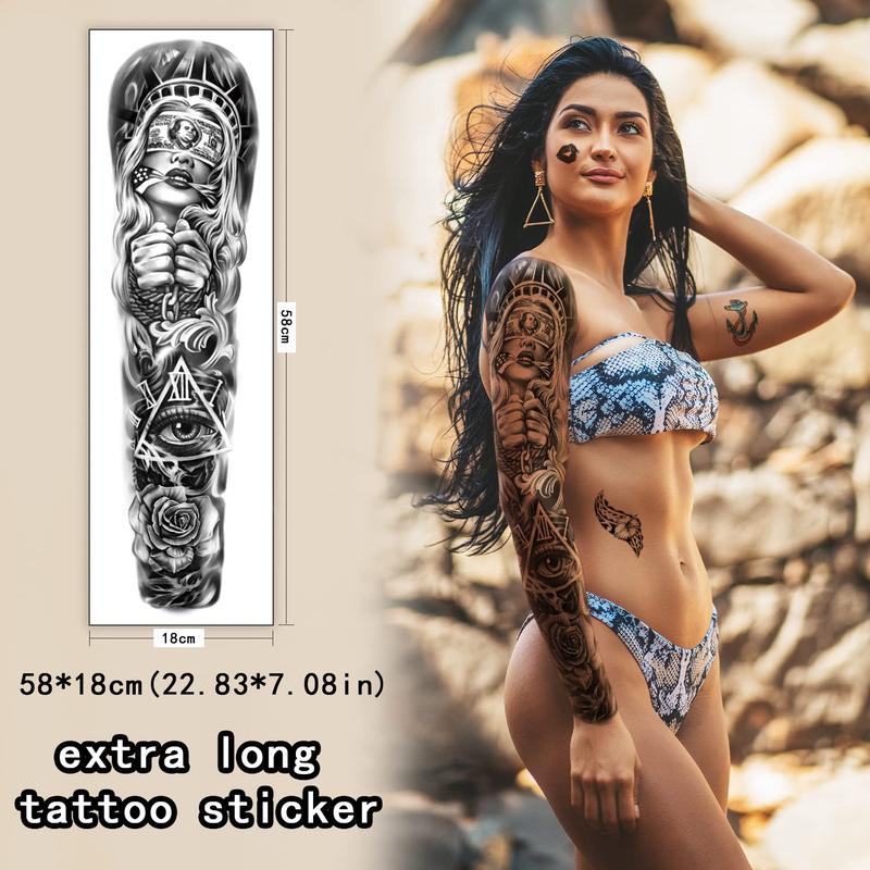 46 Sheets Full Arm Temporary Tattoo Waterproof For Men(L22.8xW7), Fake Tattoos for Women Lion Tiger Clock Flower Skeleton Animals Design, Hand Forearm Shoulder 3D Temporary Tattoos Stickers