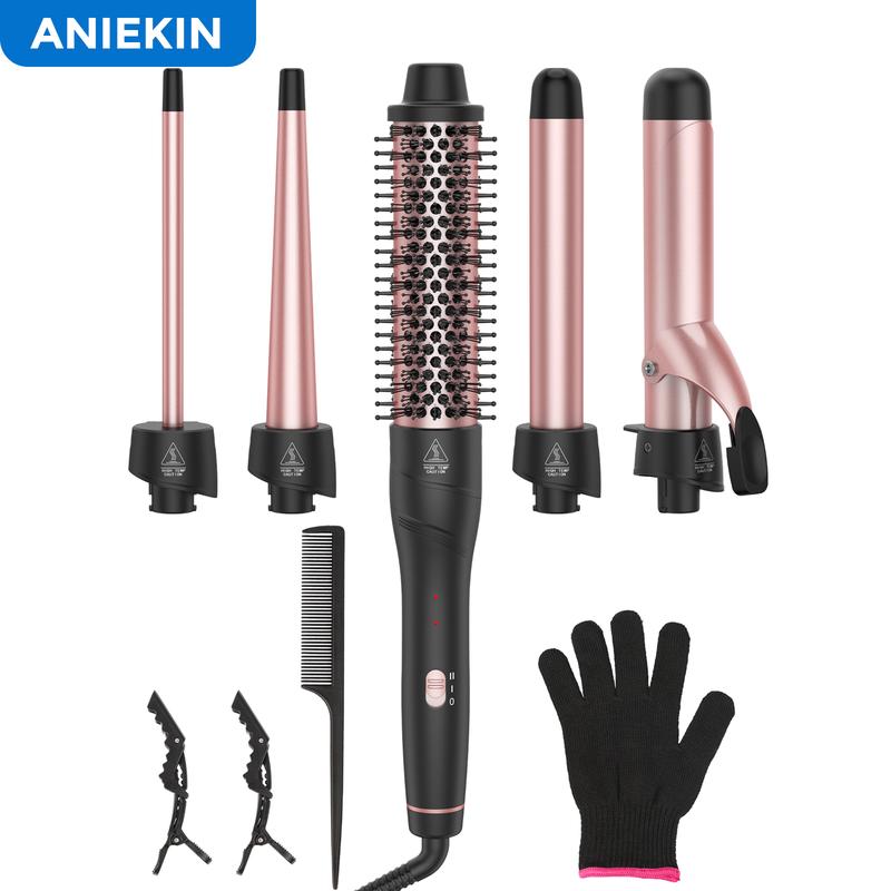 ANIEKIN 5-in-1 Curling Iron Set: Includes a Curling Brush and 4 Interchangeable Ceramic Wands (0.39”-1.25”), Instant Heat, Dual Voltage Hair Curler, Great Gift for Girls and Mother