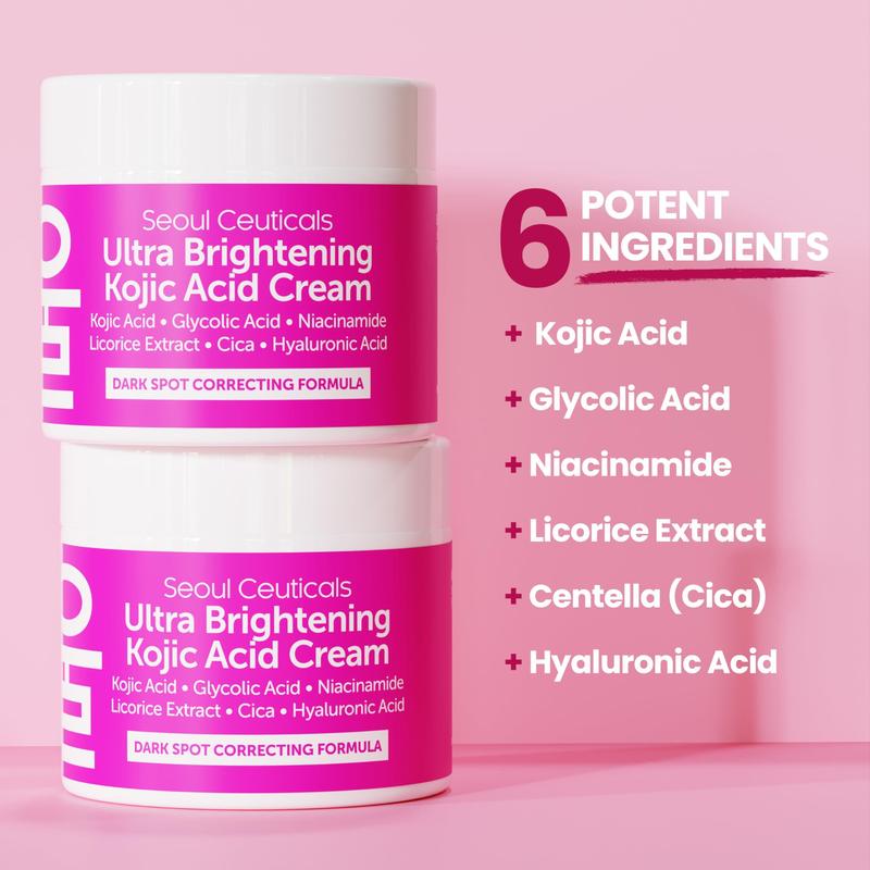 SeoulCeuticals Korean Kojic Acid Cream Dark Spot Remover + Glycolic Acid + Niacinamide + Cica + HA Moisturizer - Cruelty Free K Beauty Skincare 2oz Acne Acne Scar Treatment