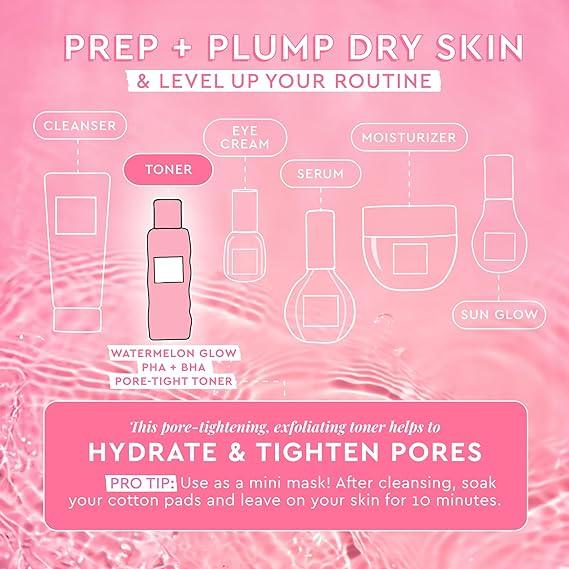 Glow Recipe PHA + BHA Face Toner - Pore Minimizer & Facial Exfoliator. Tightening & Hydrating Skincare with Hyaluronic Acid & Watermelon.