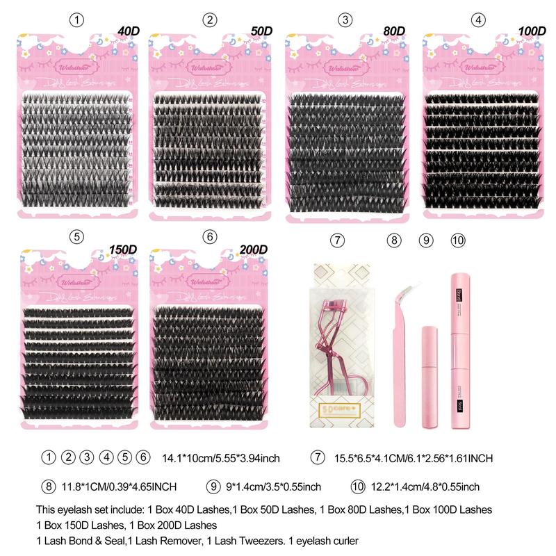 Individual False Eyelashes Kit, 1 Set Fluffy Curling False Eyelashes with Glue & Tweezers & Lashes Curlers & Glue Remover, Eye Makeup Enhancement Tool, Christmas Gift