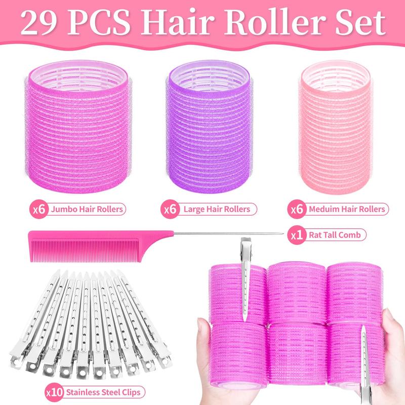 29 PCS Hair Roller Set Hair Curlers, Velcro Rollers for Hair Blowout Look with Stainless steel Clips Jumbo Large Medium Hair Curlers for Short Long Hair