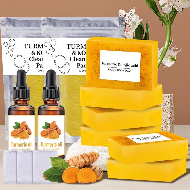 Turmeric Cleansing Set, 1 Set Turmeric Soap Bar & Turmeric Oil & Turmeric Kojic Cleansing Pads, Daily Skincare Set for Face & Body