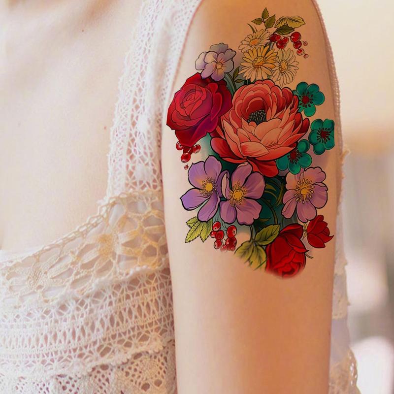 Flower Pattern Tattoo Sticker, Temporary Body Art for Festival, Party, Colorful Floral Temporary Tattoo, Long Lasting Fake Tattoo for Women & Men