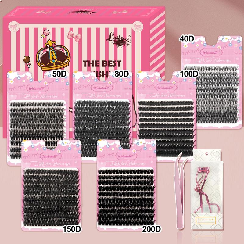 Individual False Eyelashes Kit, 1 Set Fluffy Curling False Eyelashes with Glue & Tweezers & Lashes Curlers & Glue Remover, Eye Makeup Enhancement Tool, Christmas Gift