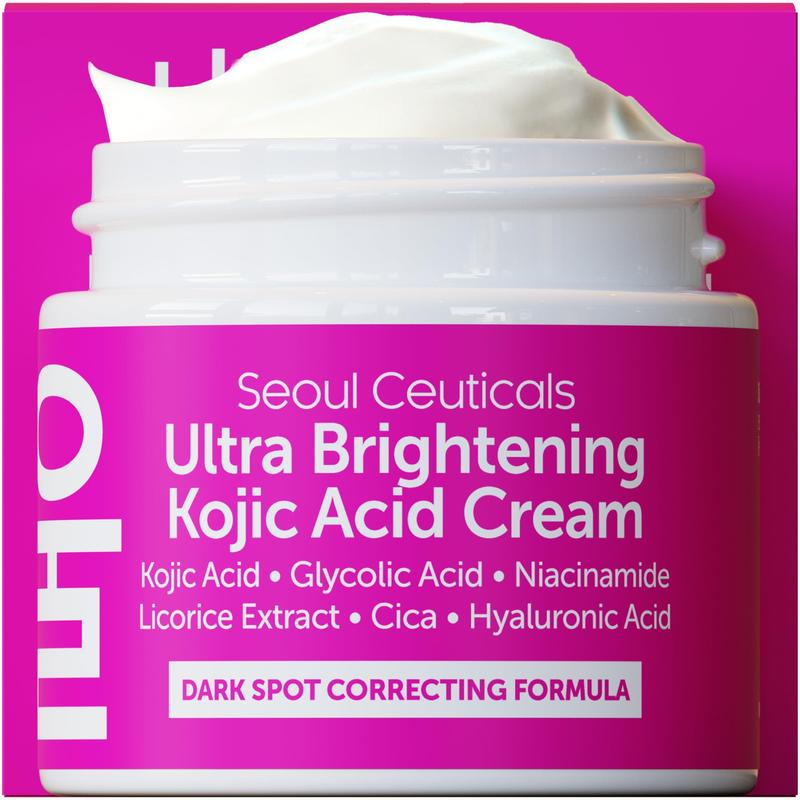 SeoulCeuticals Korean Kojic Acid Cream Dark Spot Remover + Glycolic Acid + Niacinamide + Cica + HA Moisturizer - Cruelty Free K Beauty Skincare 2oz Acne Acne Scar Treatment