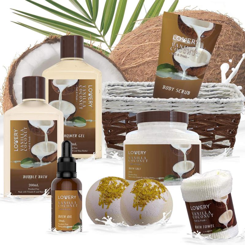 Bath and Body Gift Basket For Women and Men – 9 Piece Set of Vanilla Coconut Home Spa Set, Includes Fragrant Lotions, Extra Large Bath Bombs, Coconut Oil, Luxurious Bath Towel & More Body Care Comfort Cosmetics Skin Repair