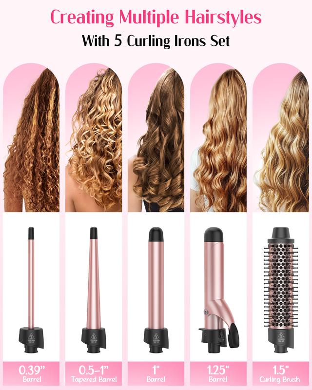 ANIEKIN 5-in-1 Curling Iron Set: Includes a Curling Brush and 4 Interchangeable Ceramic Wands (0.39”-1.25”), Instant Heat, Dual Voltage Hair Curler, Great Gift for Girls and Mother