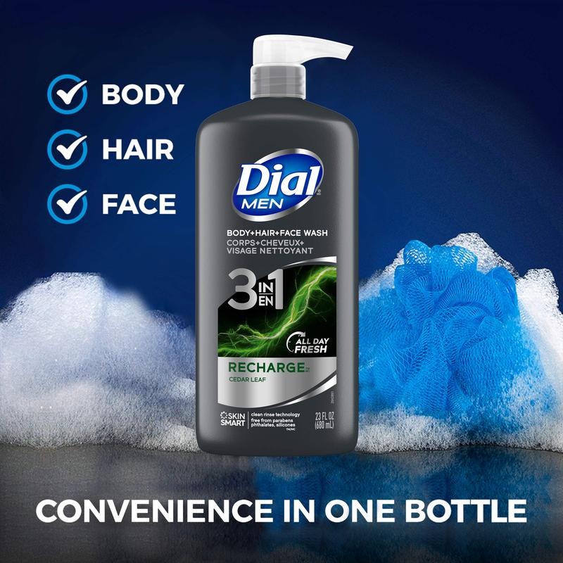 Dial Men 3in1 Body, Hair and Face Wash, Body Wash, Recharge, 69 fl oz (3-23 fl oz Bottles) Body Care