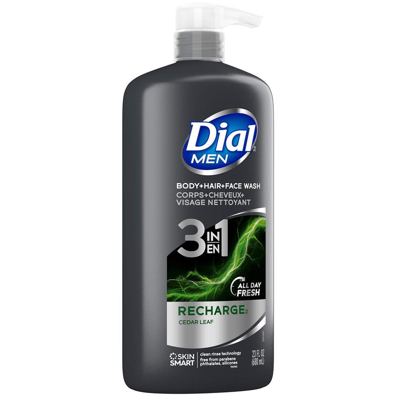 Dial Men 3in1 Body, Hair and Face Wash, Body Wash, Recharge, 69 fl oz (3-23 fl oz Bottles) Body Care