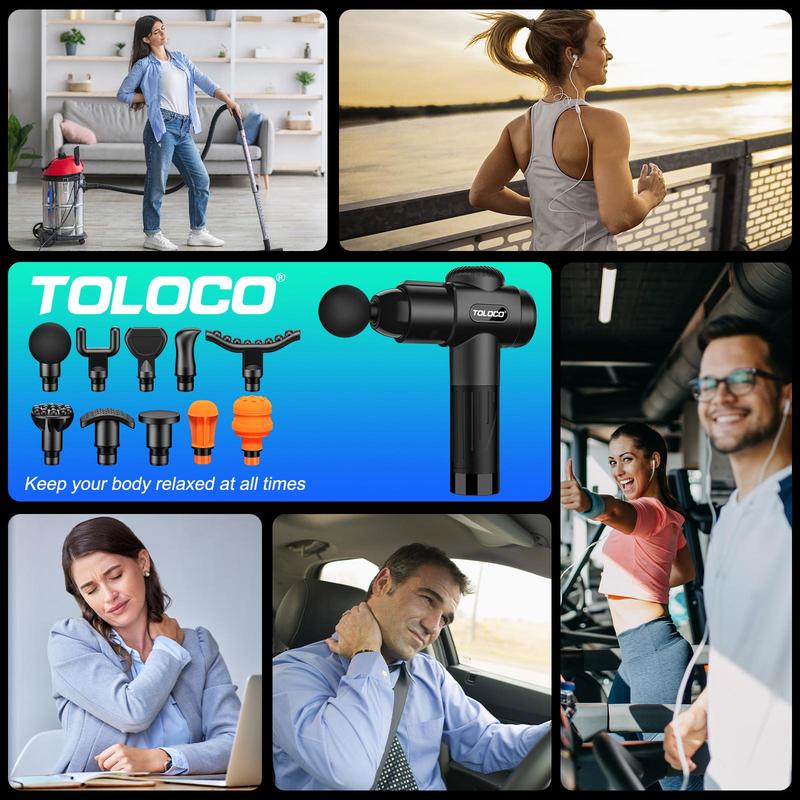 TOLOCO deep tissue massage gun features 10 heads and a silent brushless motor. Ideal for athletes and pain relief. Perfect cordless Christmas gift! Adjustable Massager