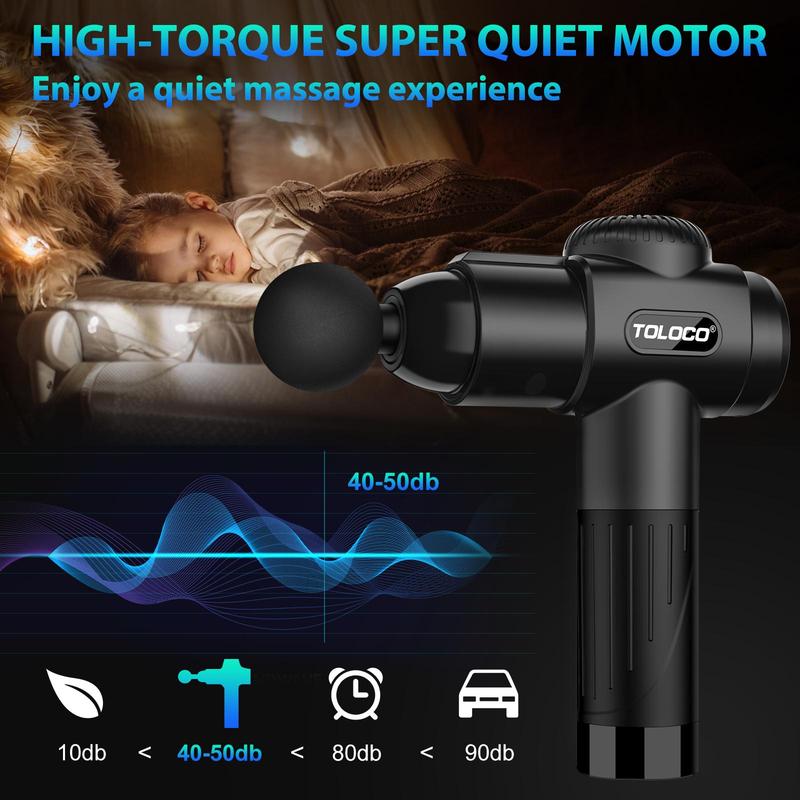 TOLOCO deep tissue massage gun features 10 heads and a silent brushless motor. Ideal for athletes and pain relief. Perfect cordless Christmas gift! Adjustable Massager