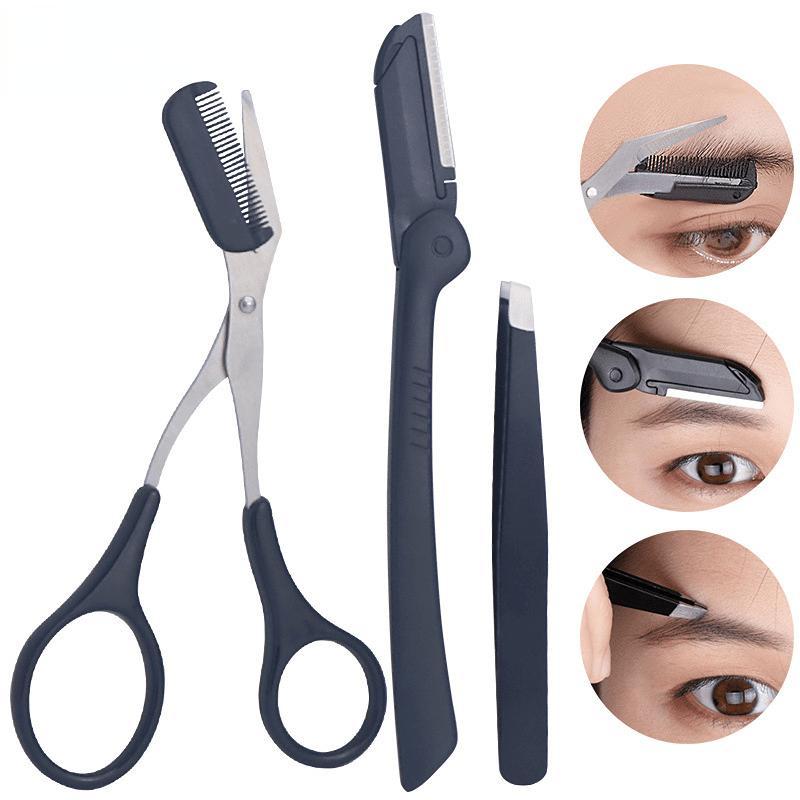 Eyebrow Trimming Set, 3 Counts set Stainless Steel Eyebrow Tweezers & Eyebrow Trimmer & Brow Trimming Tool with Brush, Eyebrow Shaping Tool for Women