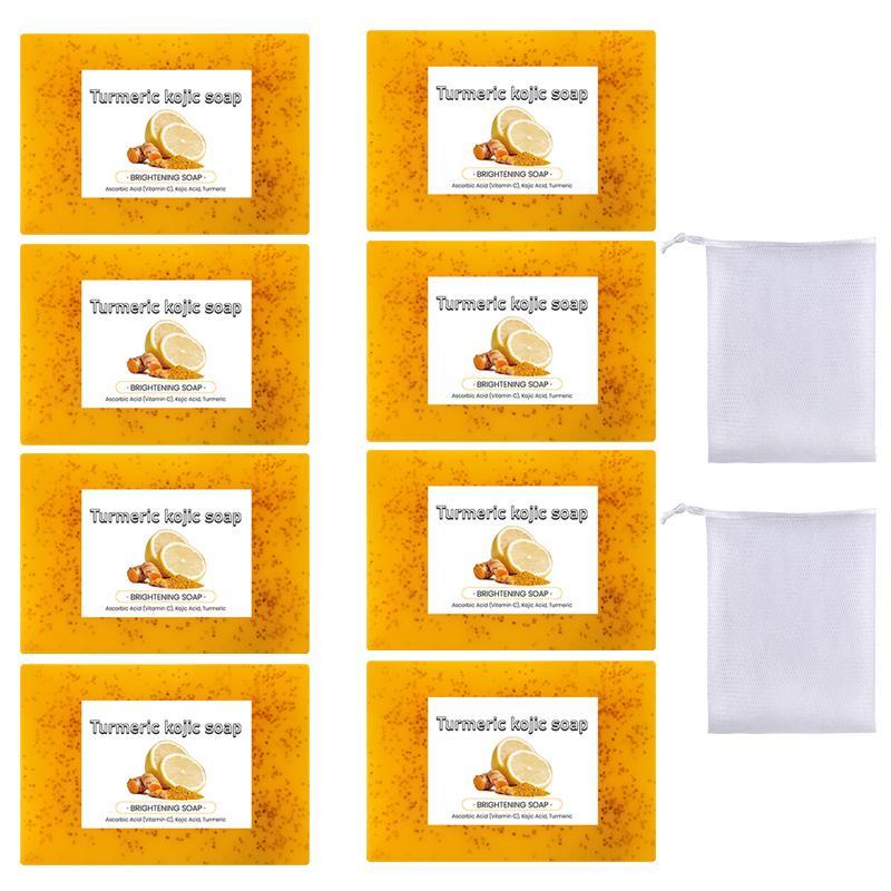 Turmeric Lemon Soap with Foam Net, 8 Counts set Deep Cleansing Facial Soap, Body Wash & Cleansers