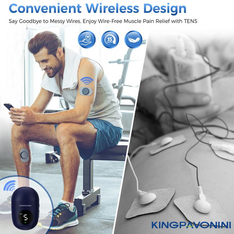 KingPavonini Wireless TENS Unit,Portable Rechargable TENS EMS Machine,LED Screen & Remote, Dual Channel 6 Modes 16 Intensity Massager, Charging Case (4 Pads)