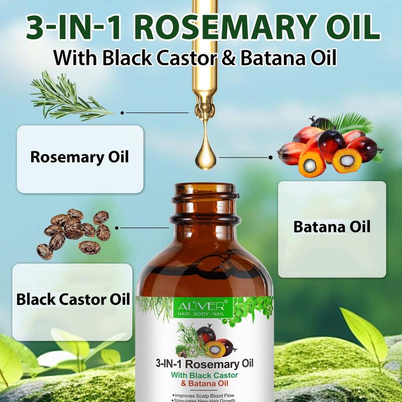 3 in 1 Rosemary & Black Castor & Batana Hair Oil (60ml), Moisturizes Hair and Makes Hair Look Thicker, Healthy Hair Penetrates Root to Tip