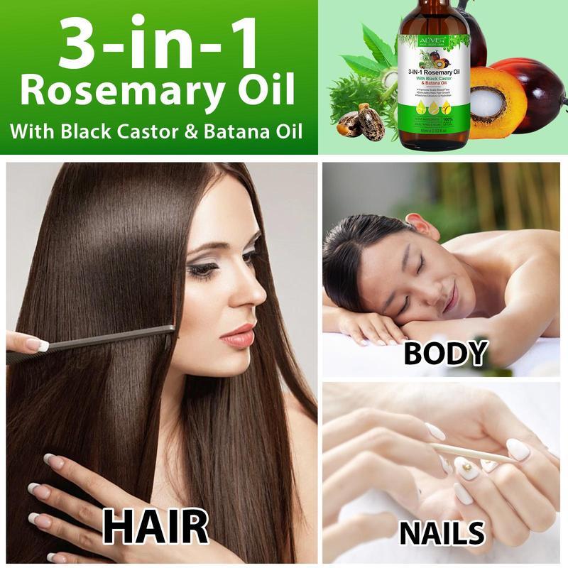 3 in 1 Rosemary & Black Castor & Batana Hair Oil (60ml), Moisturizes Hair and Makes Hair Look Thicker, Healthy Hair Penetrates Root to Tip