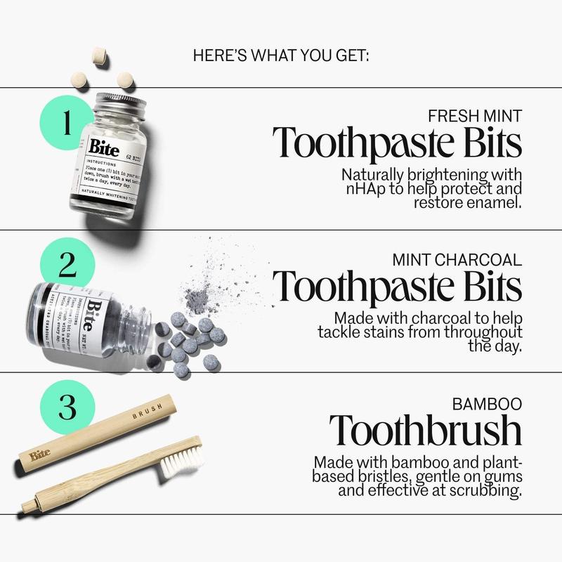 The Day to Night Teeth Brightening Kit - Whiter Teeth in 3 Days with Bite Toothpaste Bits in Mint and Mint Charcoal, Comes with Free Bamboo Toothbrush