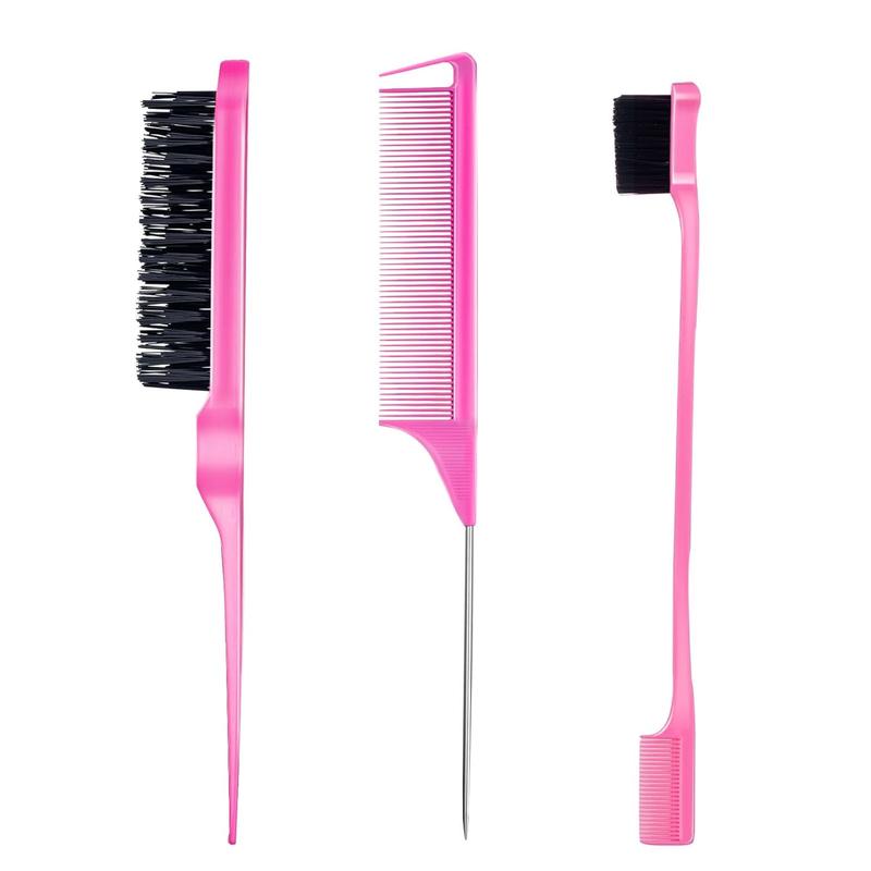 3 count Hair Styling Comb Set Teasing Hair Brush Rat Tail Comb Edge Brush for Edge& Brushing, Combing, Slicking Hair for Women (Pink)