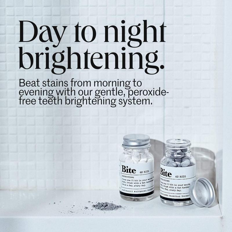 The Day to Night Teeth Brightening Kit - Whiter Teeth in 3 Days with Bite Toothpaste Bits in Mint and Mint Charcoal, Comes with Free Bamboo Toothbrush