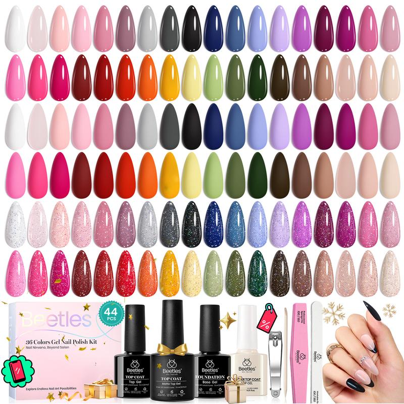 Beetles Gel Polish 44 PCS Gel Nail Polish Set-36 Colors Gel Polish Set Base Coat Glossy Matte & Glitter Top Coat Colorful Muse Collection Nude White Pink Red Blue Gel Gifts for Women