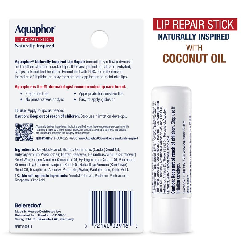 Aquaphor Lip Repair Stick Naturally Inspired Aloe Vera 0.17oz and Coconut 0.17 oz (2-Pack)