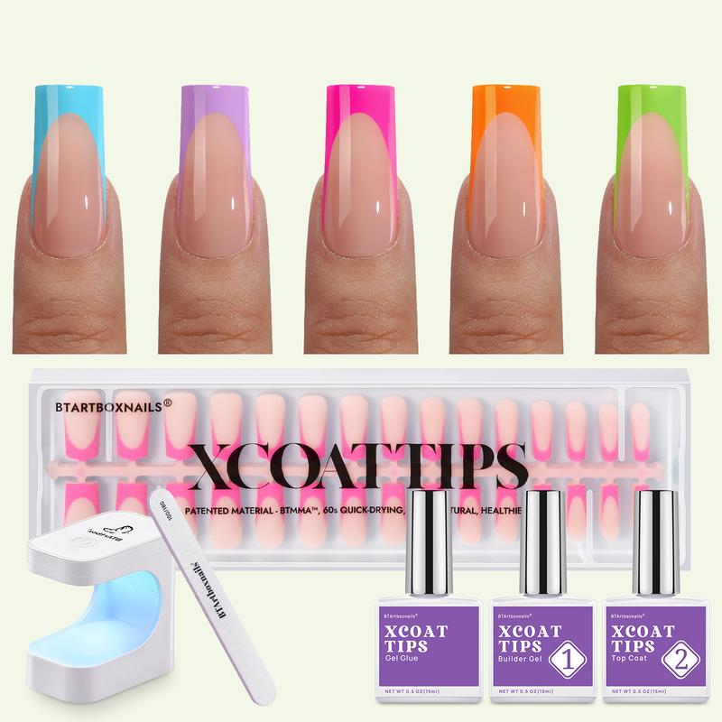 btartboxnails XCOATTIPS French Tip Press on Nails - Almond or Square Brighter pastel French Nails tips,46.99$ Long Fake Nails Kit with UV Glue, Nails Lamp, All in One Soak Off Acrylic Fake Nail Extension