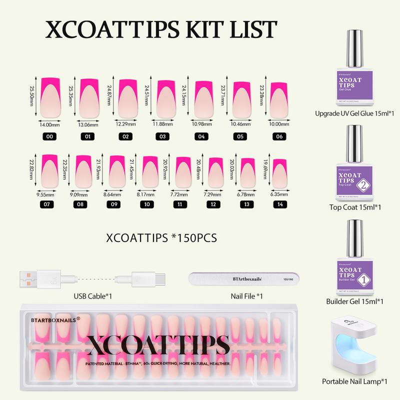 btartboxnails XCOATTIPS French Tip Press on Nails - Almond or Square Brighter pastel French Nails tips,46.99$ Long Fake Nails Kit with UV Glue, Nails Lamp, All in One Soak Off Acrylic Fake Nail Extension