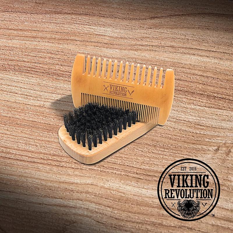 Viking Revolution Beard Comb & Beard Brush Set for Men - Natural Boar Bristle Brush and Dual Action Pear Wood Comb w Velvet Travel Pouch - Great for Grooming Beards and Mustaches (w Sandalwood Balm)