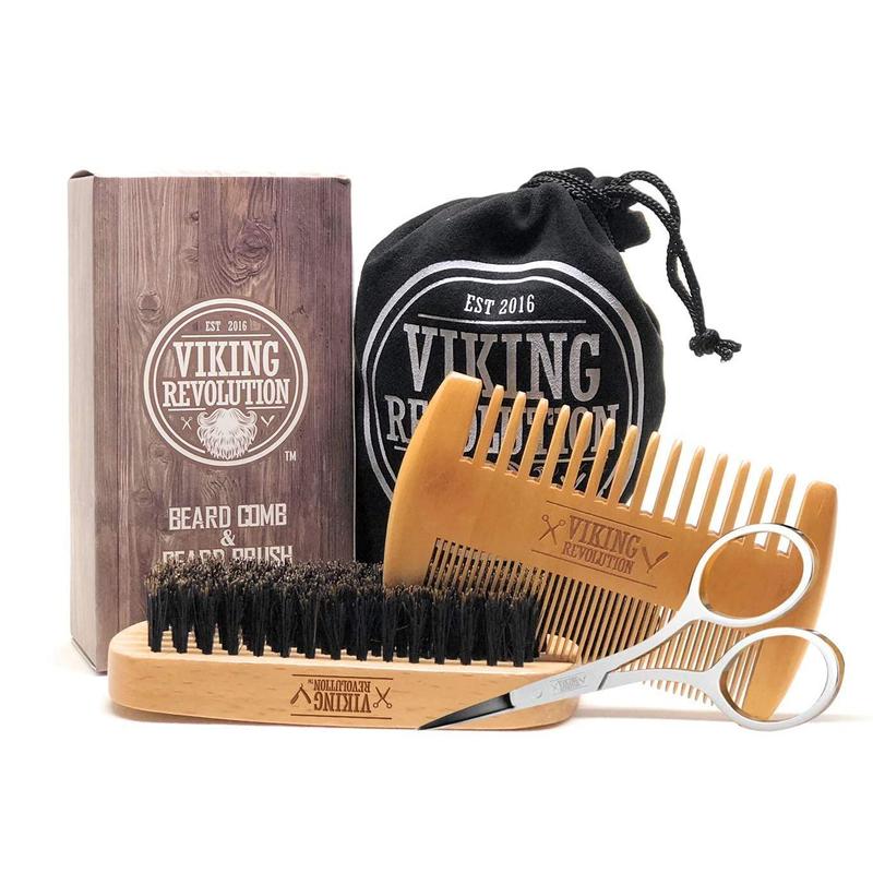 Viking Revolution Beard Comb & Beard Brush Set for Men - Natural Boar Bristle Brush and Dual Action Pear Wood Comb w Velvet Travel Pouch - Great for Grooming Beards and Mustaches (w Sandalwood Balm)