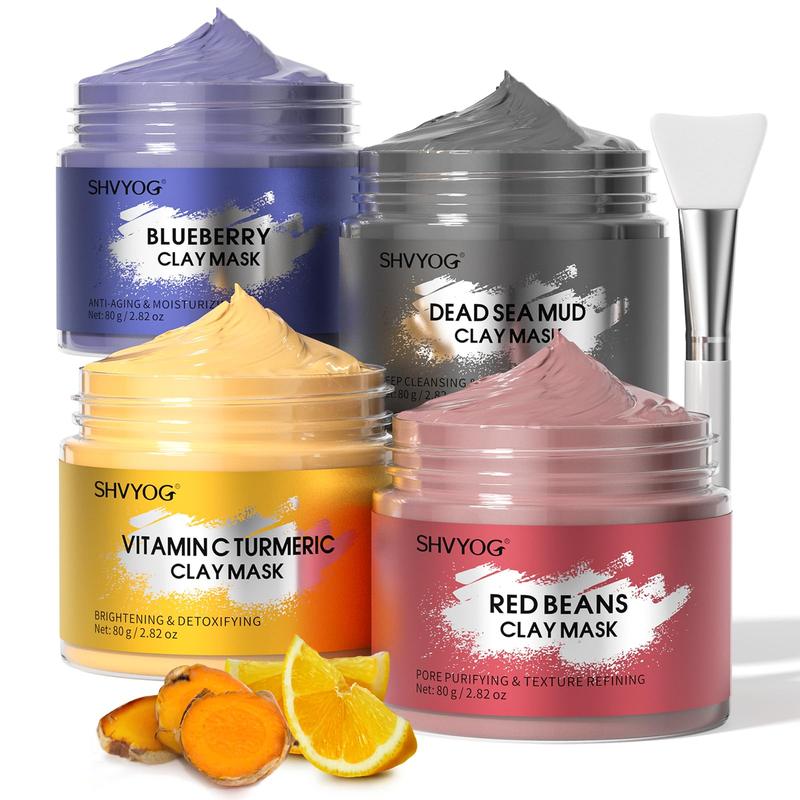 4 Pcs Clay Mask Set, Vitamin C Turmeric Clay Mask, Dead Sea Mud Mask, Blueberry & Red Beans Clay Mask, Face Masks Skincare for Deep Cleansing, Refining Pores, Moisturizing 320g