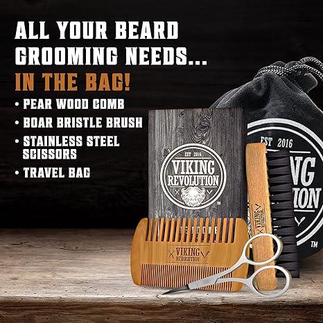 Viking Revolution Beard Comb & Beard Brush Set for Men - Natural Boar Bristle Brush and Dual Action Pear Wood Comb w Velvet Travel Pouch - Great for Grooming Beards and Mustaches (w Sandalwood Balm)