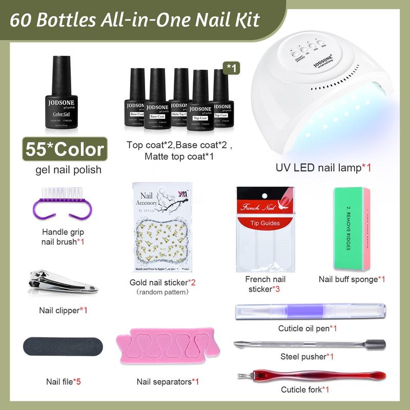 JODSONE 60 PCS Gel Nail Polish Kit with U V Light 55 Colors No Wipe Beautiful Colors Nail Gel Polish Base Top Coat Manicure Gifts for Salon and at Home