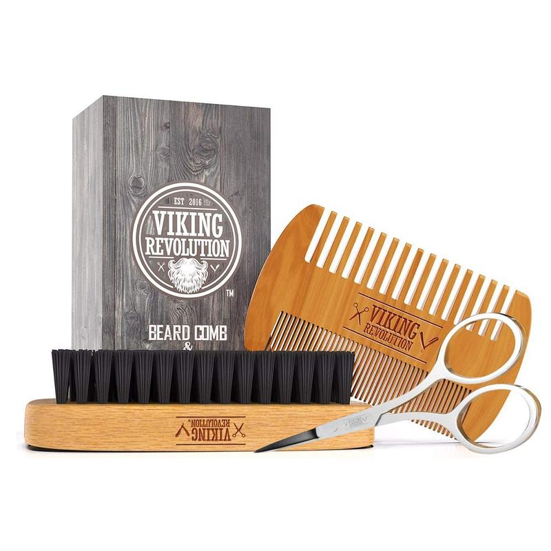 Viking Revolution Beard Comb & Beard Brush Set for Men - Natural Boar Bristle Brush and Dual Action Pear Wood Comb w Velvet Travel Pouch - Great for Grooming Beards and Mustaches (w Sandalwood Balm)