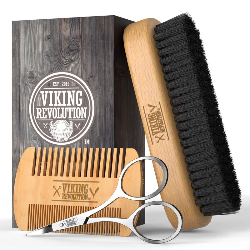 Viking Revolution Beard Comb & Beard Brush Set for Men - Natural Boar Bristle Brush and Dual Action Pear Wood Comb w Velvet Travel Pouch - Great for Grooming Beards and Mustaches (w Sandalwood Balm)