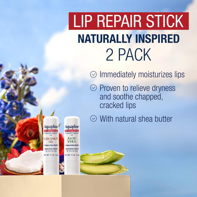 Aquaphor Lip Repair Stick Naturally Inspired Aloe Vera 0.17oz and Coconut 0.17 oz (2-Pack)