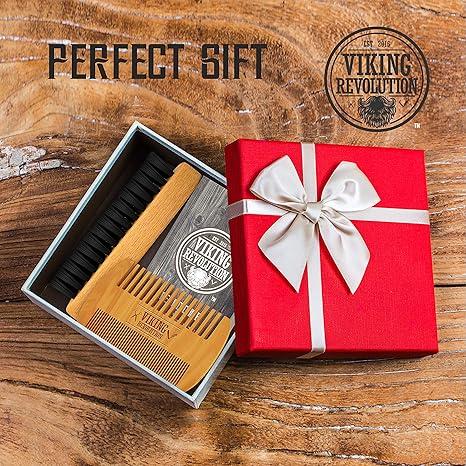 Viking Revolution Beard Comb & Beard Brush Set for Men - Natural Boar Bristle Brush and Dual Action Pear Wood Comb w Velvet Travel Pouch - Great for Grooming Beards and Mustaches (w Sandalwood Balm)