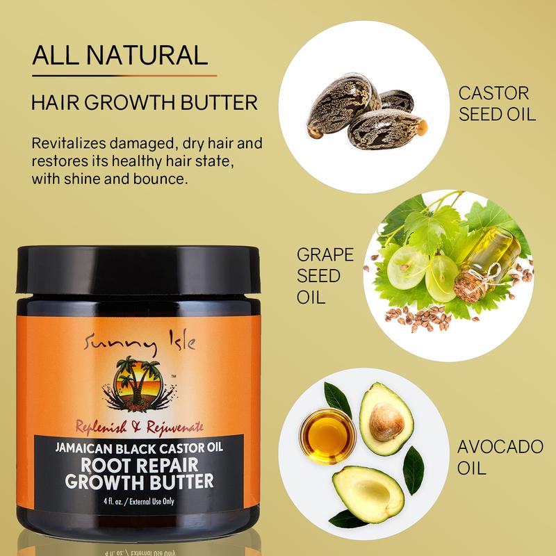 Sunny Isle Jamaican Black Castor Oil Root Repair Growth Butter 4oz | Restores & Revitalizes All Damaged Hair Types | Nutrient-Rich, Stimulates Hair Growth | Fights Dry, Itchy, Flaky Scalp