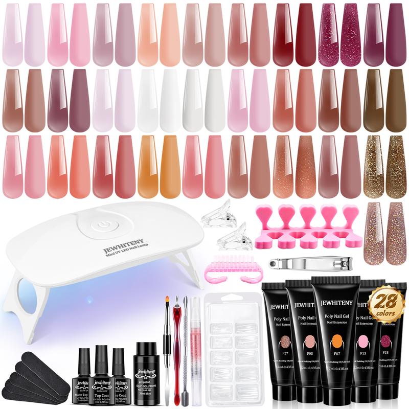 JEWHITENY Poly Extension Gel for Nail, 28 Colors Poly Gel Nail Kit With Nail Lamp Slip Solution Builder Nail Gel Trendy Nail Art Design Nail Extension Gel All In One Nail Kit Easy DIY at Home led  nail